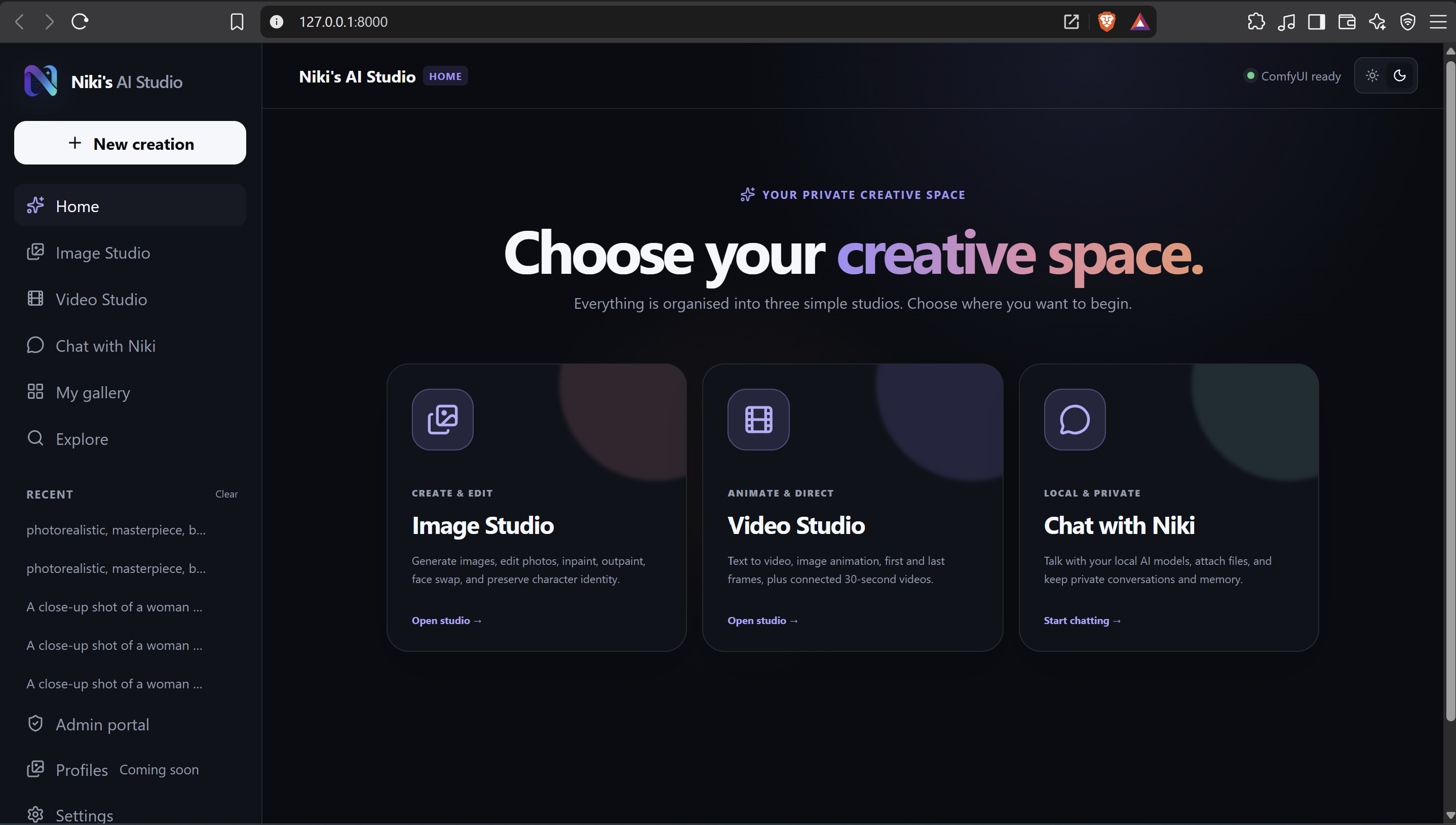 Niki’s AI Studio home screen showing Image Studio, Video Studio, and Chat with Niki creative spaces